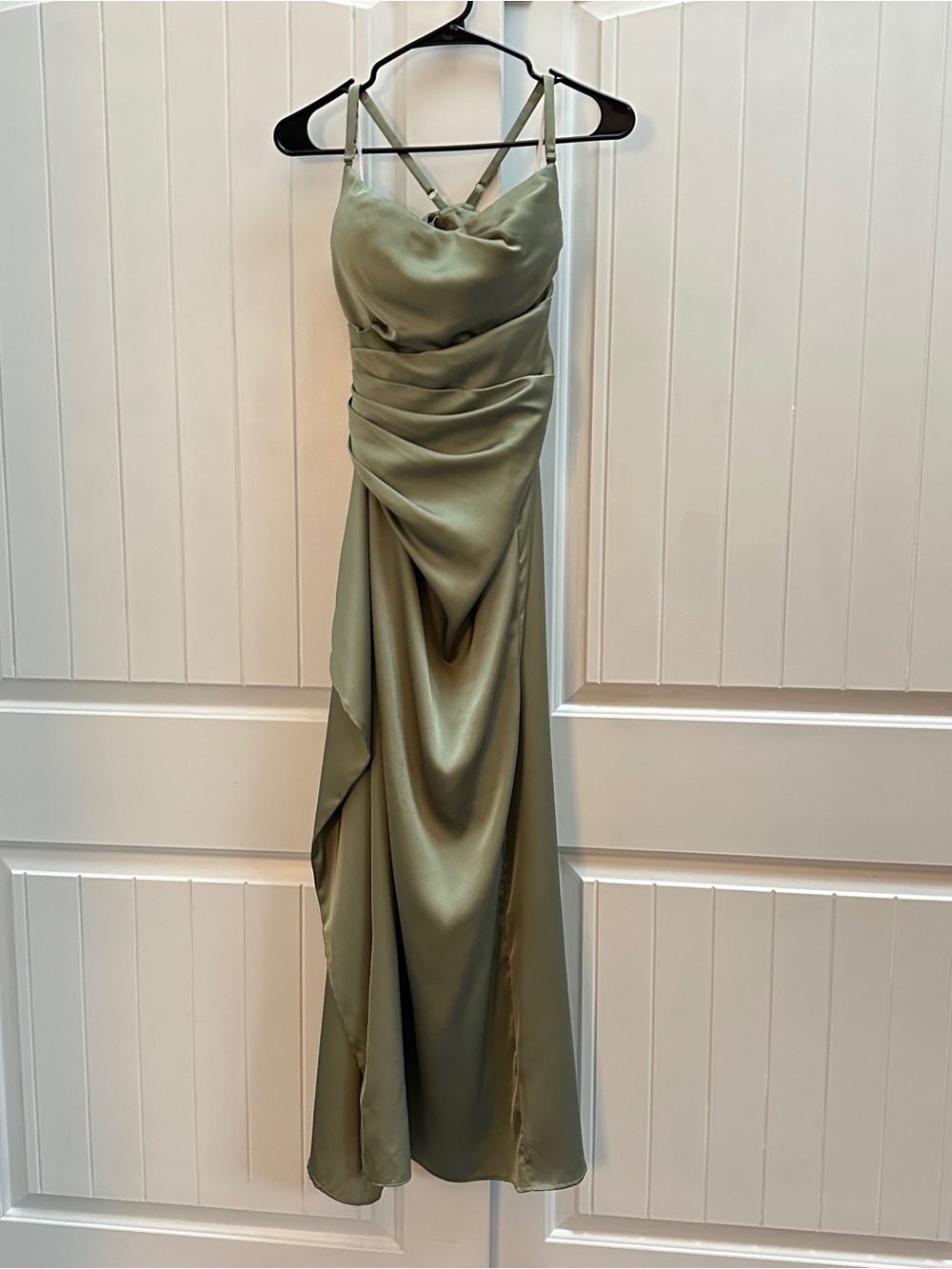 Satin Olive Green Slip Dress with Drape Detail